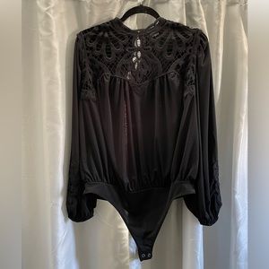EXPRESS sheer black bodysuit with cutout lace detail